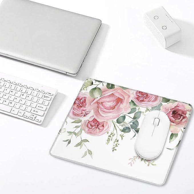 Mouse Pad, Pink Flowers and Eucalyptus Leaves Mouse Pads for Desk,Soft Computer Mouse Mat Square Waterproof Non-Slip Rubber Base Gaming MousePads for Women Men,Laptop,Office