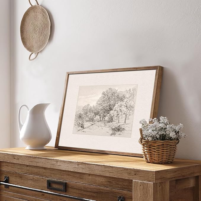 Uniro Neutral Wall Art for Home Decor, Farmhouse Landscape Tree Sketch Drawing Wall Decor, Rustic Nature Canvas Prints Antique Moody Neutral Landscape Oil Painting Vintage Art Pictures for Bedroom Bathroom Decor( 8" x 10"-UNFRAMED)