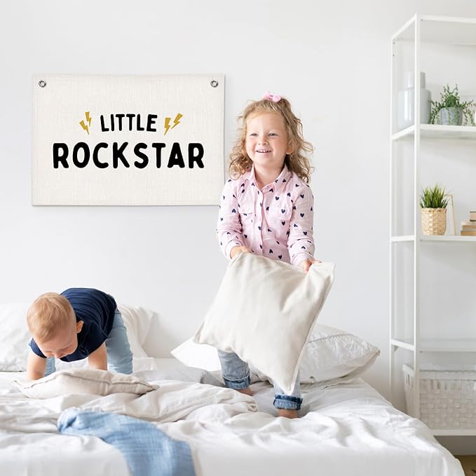 Little Rockstar Boys Room Decor - Linen Banner Wall Hanging Canvas Banner Flag Decor for Kids Toddler Bedroom Nursery Playroom