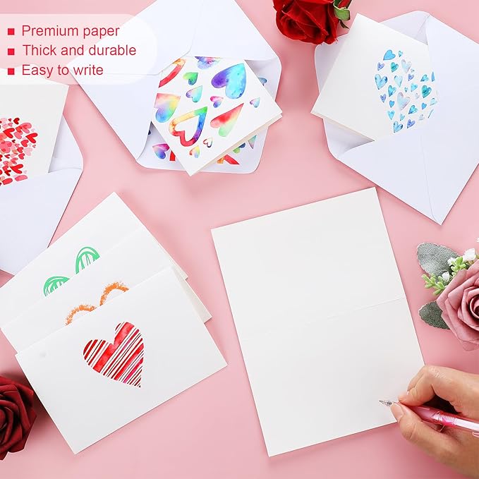 Tenceur 100 Pack Assorted Blank Note Cards with Envelopes and Stickers Heart Greeting Cards 4 x 6 Inch Stationary Postcards for Valentine's Day Office Home Business Supplies (Heart)