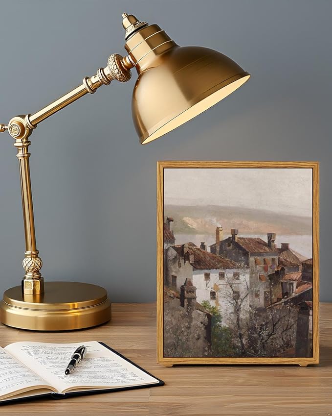 VIYYIEA Vintage Framed Canvas Wall Art, European Towns Landscapes Art, Living Room Hallway Bedroom Library Rustic Retro Neutral Decor, Small Antique Country Town Picture Paintings,8x10 Inch