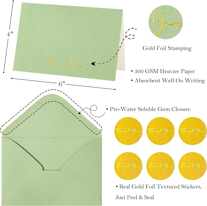 Crisky Thank You Cards with Envelopes & Stickers， 50 Pack Green Bridal Shower Graduation Thank You Cards Small Business, Wedding Baby Shower Birthday Funeral Notes Bulk