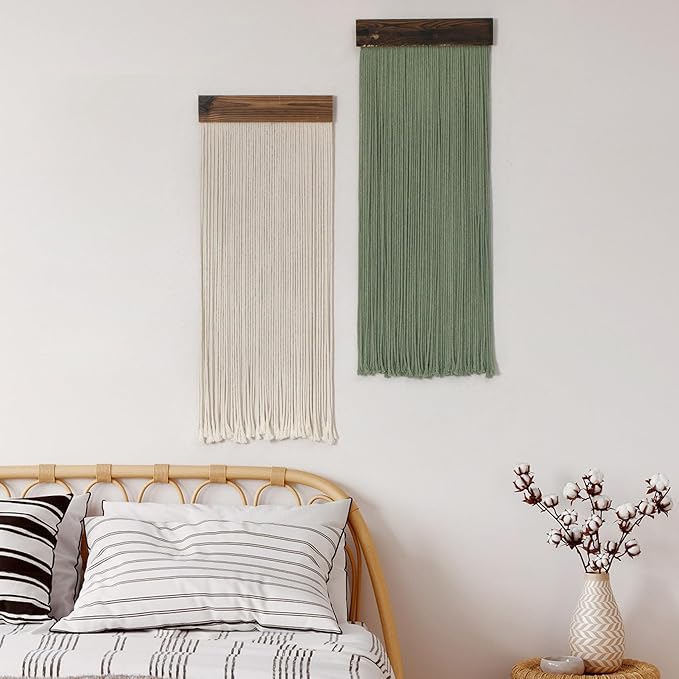 LB Beige Light Green Macrame Wall Hanging Set of 2, Boho Tapestry Wall Hanging Macrame Wall Art Handmade Yarn Woven Wall Art Modern Home Decor Headboard Wall Decor for Bedroom Living Room, 12x31 Inch