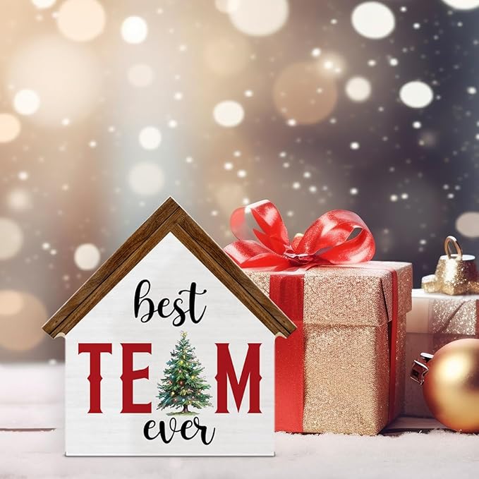 Christmas Office Decorations, Best Team Ever Gifts for Coworkers Employees, Office Christmas House Shaped Wooden Sign Decor for Desk Table Shelf