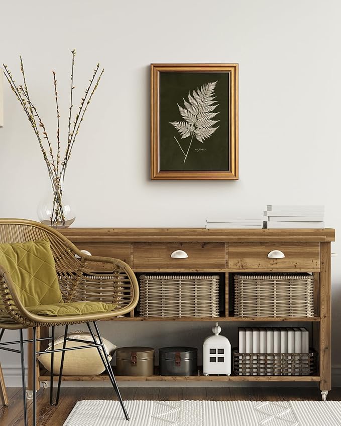 Bzstyleart Vintage Wall Art Decor Bedroom,Vintage Gold Framed Artwork,Fern Leaves Botanical wall Art Living Room,Canvas Picture Painting Room Decor Aesthetic,12 x 16 Inch
