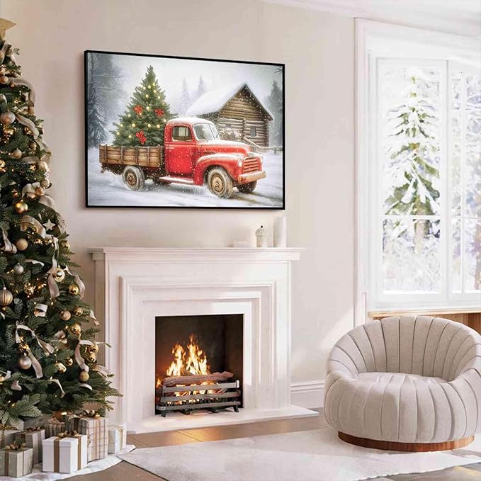 Red Truck Christmas Tree Vintage Holiday Wall Art Winter Snow Scene Poster Nostalgic Truck Canvas Print Indoor Decor for Home Living Room Bedroom Office Dining Room Farmhouse Framed Ready to Hang