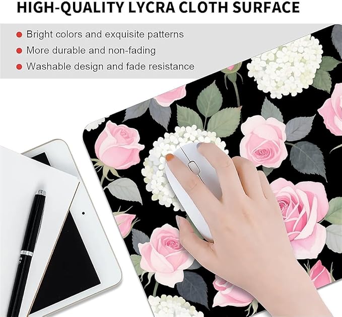 Square Mouse Pad Rose Flower, Personalized Premium-Textured Custom Mouse Mat Design, Washable Mousepad Cloth, Non-Slip Rubber Base Computer Mouse Pads for Wireless Mouse