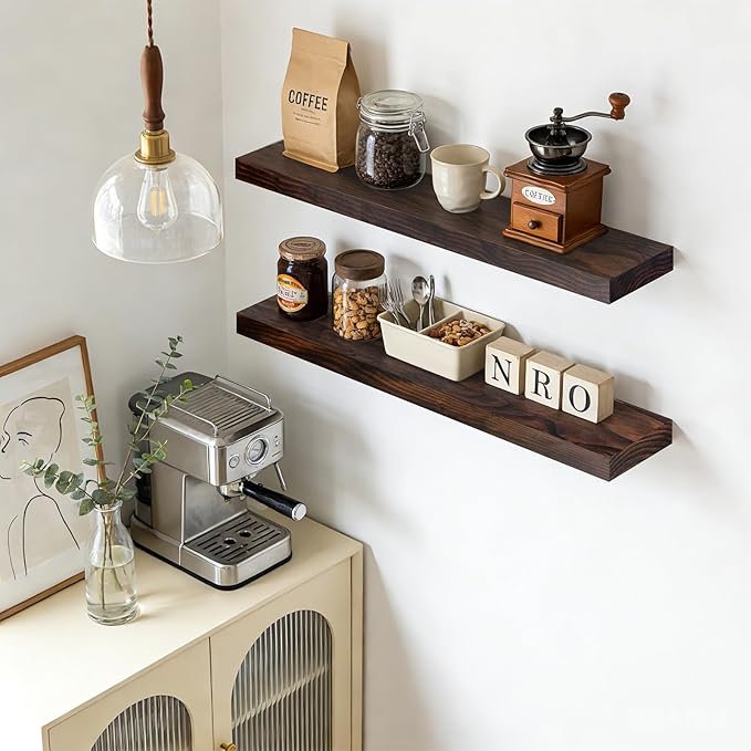 Floating Wall Shelf 36x6.8x1.7 Inch – Solid Wood Shelf in Walnut Finish – Heavy Duty Wall Mounted Rustic Display Shelf for Living Room, Kitchen, Bedroom, Hallway – Set of 2