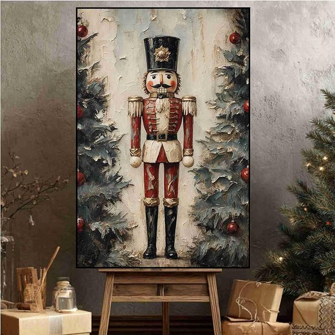 Nutcracker Soldier Vintage Christmas Art Holiday Doll Canvas Wall Art Traditional German Decor Red Uniform Soldier Prin Poster Indoor Decor for Home Offices Living Room Bedroom Framed Ready to Hang
