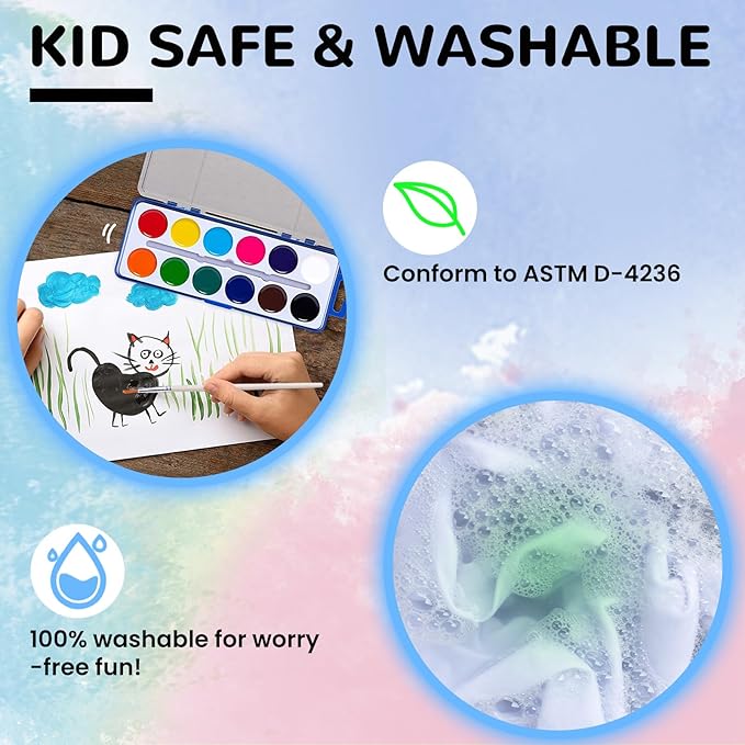 12 Pack Watercolor Paint Set for Kids, 12 Color Washable Water Color Paint, Woodbrushes Included, Christmas Gift