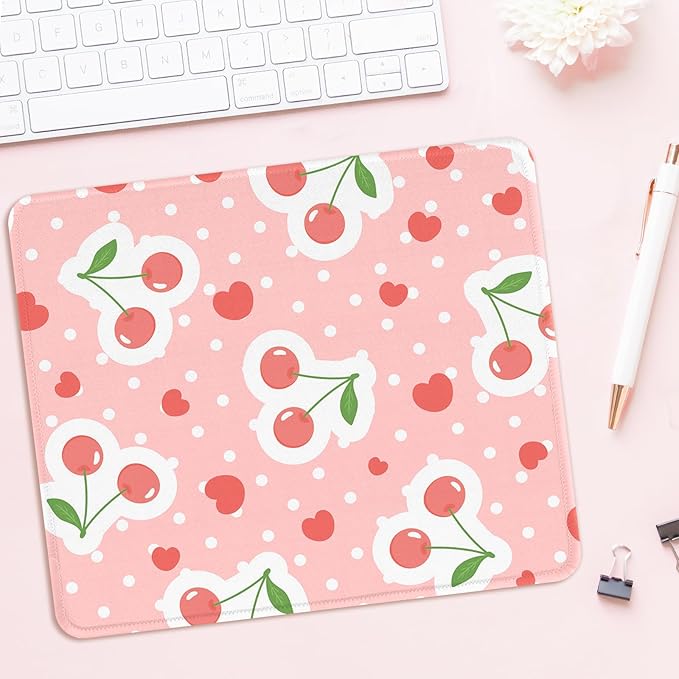 Seorsok Square Cute Funny Mouse Pad,Office Home Personalized Mouse Mat Design,Waterproof Mousepad,Non-Slip Rubber Base Computer Mouse Pads for Wireless Mouse,Pink Cherries and Hearts