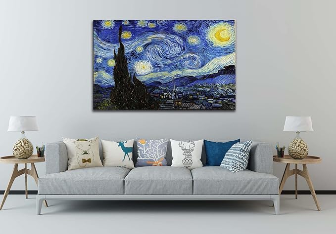 Starry Night, Vincent Van Gogh Canvas Wall art, Classic Paintings Framed Pictures Poster, Abstract Artwork Prints for Home Decor 24"x36"