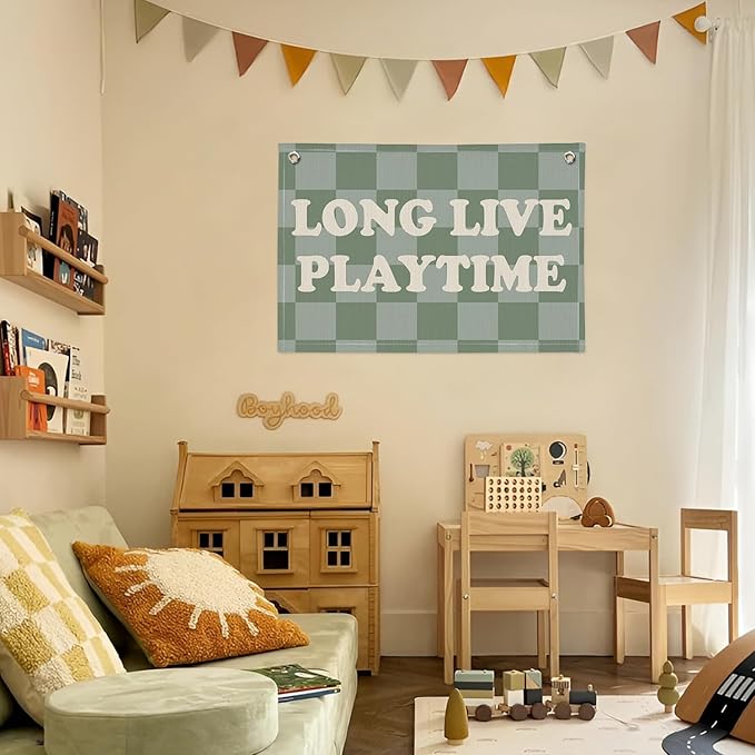 Long Live Playtime Banner, Boy Nursery Decor, Sage Green Blue Canvas Banner Wall Hanging Banner Flag Decor for Nursery Playroom Toddler Room, Boys Kids Room Decor, 26x19 Inch, Beige