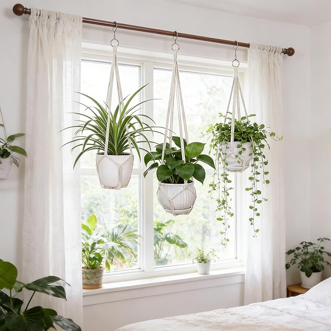 YIBOT 3 Pack Macrame Plant Hanger Indoor Hanging Planter Basket with 3 Hooks, 35"/29"/23" Crochet Plant Holder Stand No Tassels for Indoor Outdoor Boho Home Decor, Ivory (POTS NOT Included)