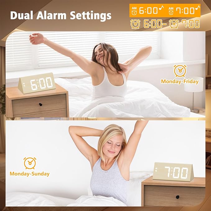 Wooden Digital Alarm Clock with Dual USB Charging Ports, DST, Dimmable, Snooze, Modern Large Time Display LED Clock for Kids Bedrooms, Living Room, Desk, Table, Bedside, Nightstand (Bamboo)