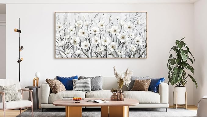 arteWOODS Flowers Framed Wall Art - Grey White Wildflowers Canvas Pictures Wall Decor Botanical Painting Artwork Elegant Floral Prints for Living Room Bedroom Home Decor 58 x 29in Natural Wood Frame