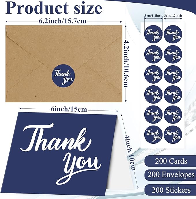 600 PCS Thank You Cards with Envelopes & Matching Stickers, Thank You Notes Bulk 4x6 Inch Minimalistic Design for Business, Baby Shower, Wedding, Small Business, Graduation, Bridal Shower, Funeral,Navy Blue