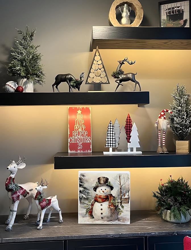 Vintage Snowman Winter Christmas Wooden Box Sign, Snowman Christmas Decorations, Rustic Xmas Winter Snowy Tree Cottage Wood Signs for Home Office Desk Shelf Tabletop Decor, 5x5 Inch Decorative Signage
