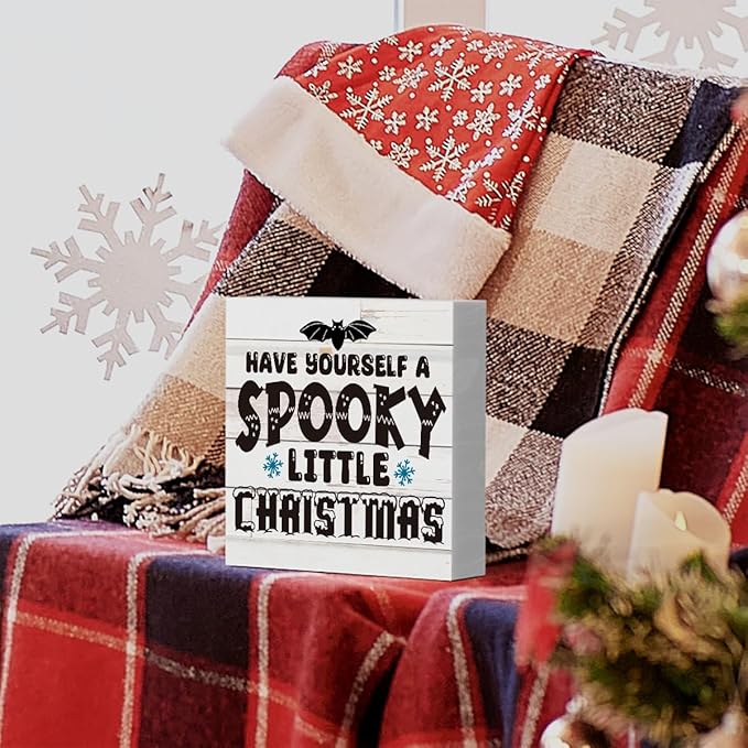 Rustic Winter Have Yourself a Spooky Little Christmas Bat Wood Box Sign, Farmhouse Christmas Santa Artwork Decor, Wood Square Sign Desk Block Signs Home Shelf Office Decoration 5 x 5 Inches