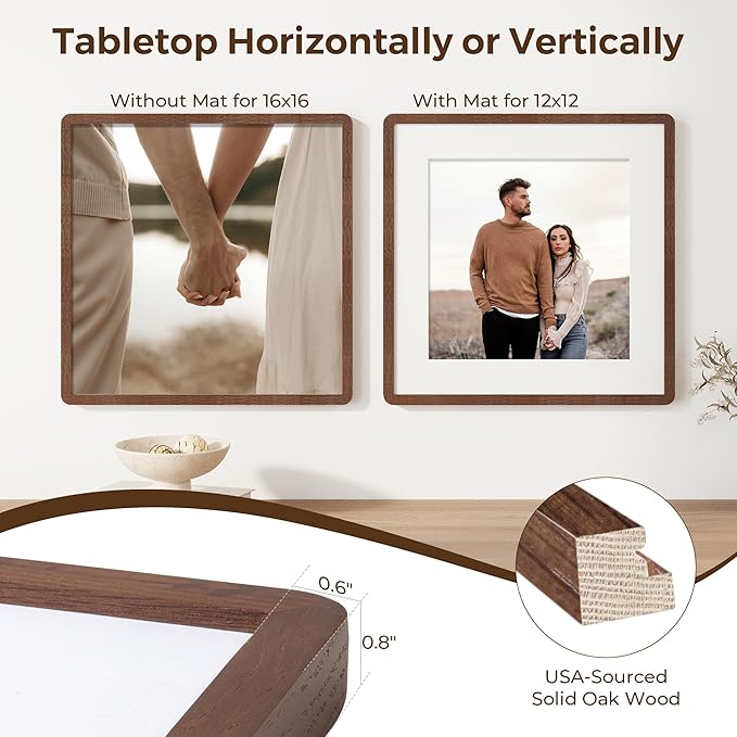 16x16 Picture Frame, Square 16 by 16 Frames for Wall - Solid Oak Wood & Tempered Glass, 16 x 16 Wood Frame Matted to 12 x 12, Square Picture Frame 16"x16" for Home Decor, Walnut Color, 1 Pack