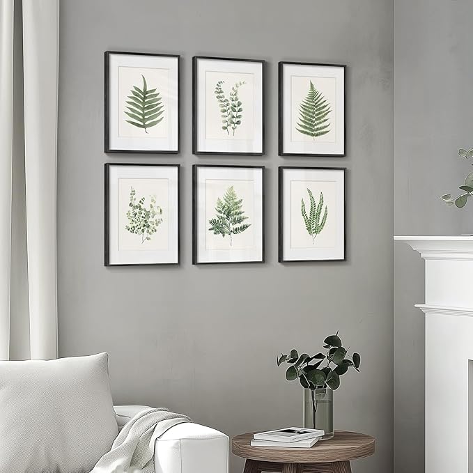 Framed Green Nature Botanical Wall Art, Set of 6 Minimalist Plant Leaf Painting Prints Artwork, Natural Fern Leaves Picture for Modern Farmhouse Living Room Bedroom Bathroom Kitchen Home Decor, 11x14