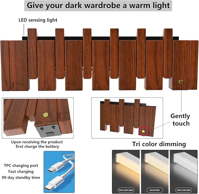 Wall Mounted Piano Key Hanger | Flip Style Hook | Entrance Wall Art Hook, Made of Oak Wood (3 Times Painted, 4 Times Polished) (LED Walnut, 8Hooks)
