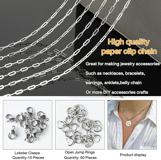16.4Ft Paperclip Chains Rolls, Charm Necklace Chain 3.2mm Width，Silver Necklace Chain for Jewelry Making，Plated Charm Bracelet Making kit with 10 Lobster Clasps and 60 Jump Rings