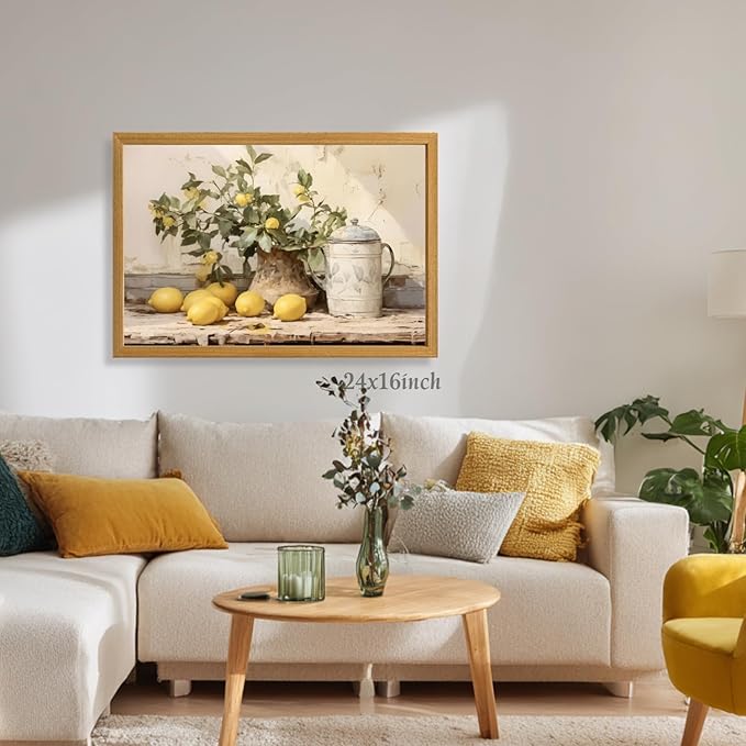 LLEEMPI Vintage Lemon Wall Art, Country Botanical Wall Decor, Yellow Fruit Still Life Canvas Painting, Rustic Farmhouse Poster Print for Kitchen Living Room Bathroom Bedroom Wood Framed 16x24 Inch