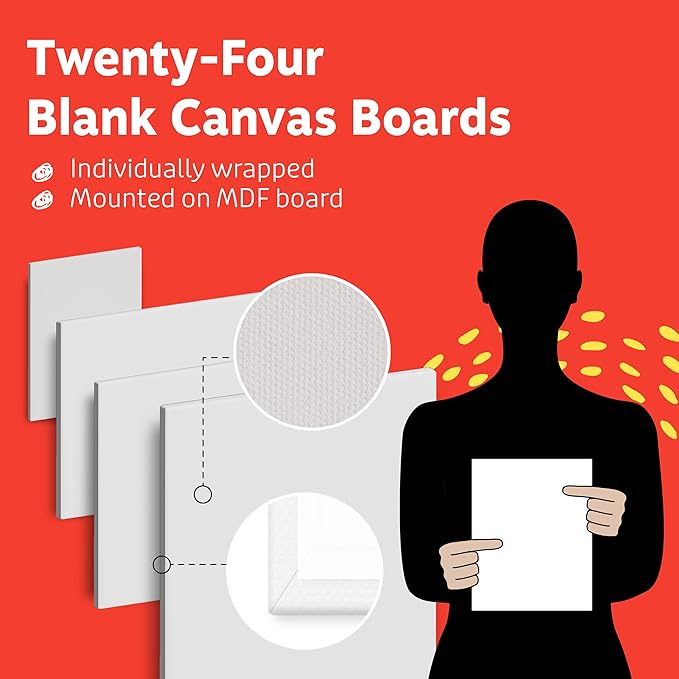 Artlicious Canvases for Painting - Pack of 24, 5 x 5 Inch Blank White Canvas Boards - 100% Cotton Art Panels for Oil, Acrylic & Watercolor Paint