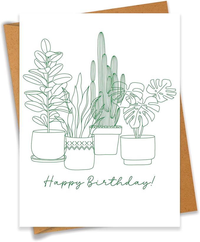 Minimalist Plant Birthday Card Happy Birthday Greeting With Houseplants Botanical Line Art Card For Plant Lovers - Size 6.3"x4.7" Blank Inside with Kraft Envelope