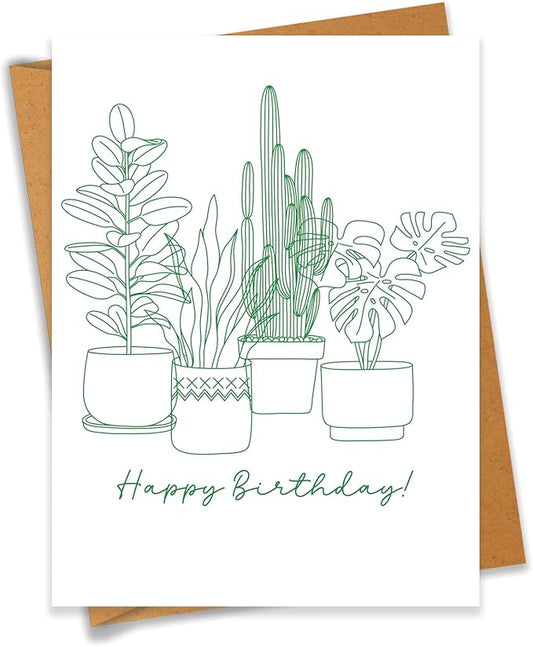 Minimalist Plant Birthday Card Happy Birthday Greeting With Houseplants Botanical Line Art Card For Plant Lovers - Size 6.3"x4.7" Blank Inside with Kraft Envelope