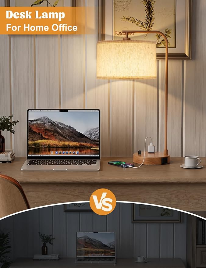 Innqoo Wood Tall Table Lamp with USB Port and Outlet, Dimmable Nightstand Bedside Lamps with Linen Lampshade, Desk Lamp for Bedroom, Living Room, Guest Room, Home Office, LED Bulb Included