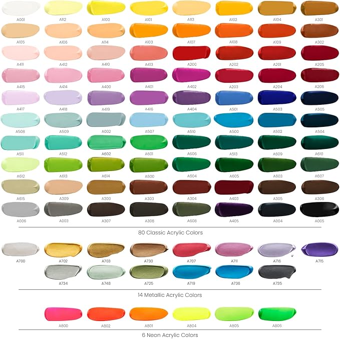 ARTEZA Acrylic Paint Set 100 Colors 0.41 fl oz High-Viscosity, Richly Pigmented Paints for Canvas, Wood & Crafts. Non-Toxic Water-Based Formula, Holiday Gift for Artists & Painters