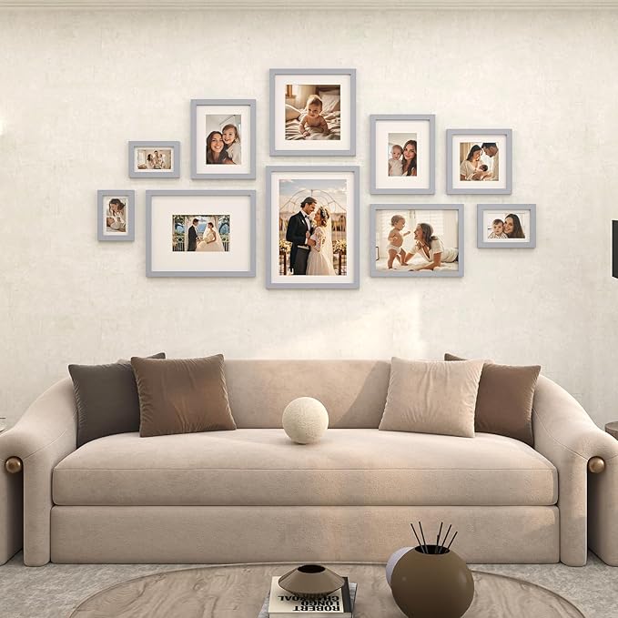 Egofine 4x6 Picture Frames Set of 4, Made of Solid Wood Covered by Plexiglass 3x4.5 and 3.5x5 with Mat or 4x6 without Mat, for Table Top Display and Wall Mounting Photo Frame, Light Grey
