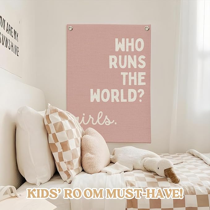 Girls Room Decor for Nursery Decor Linen Canvas Banner,Pink Who Runs The World Girl,Inspirational Wall Hanging Flag Banner for Baby Kids Girl Bedroom Dorm 18x25 Inch