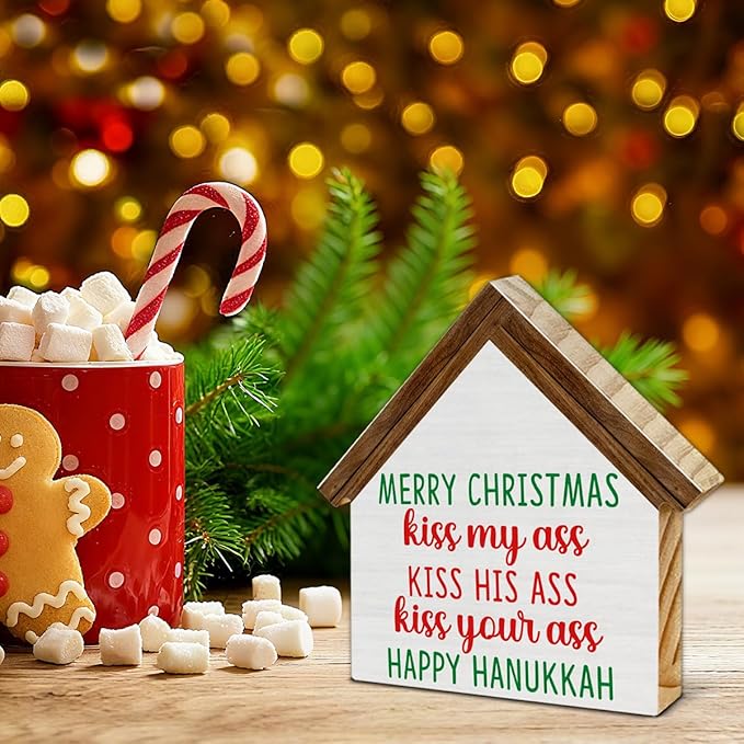 Lampoon Christmas Vacation Decor, Merry Christmas House Shaped Wooden Sign, Rustic Home Decor for Desk Table Shelf