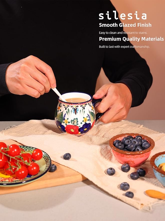 silesia Handmade Coffee Mug with Handle, 12 Ounce Ceramic Hand-Painted Flower Mugs for Home and Kitchen in Gift Box, Oven, Dishwasher & Microwave Safe (Polish Garden)