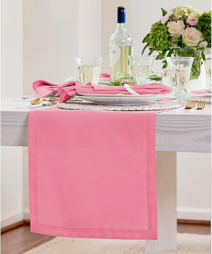 Solino Home Linen Pink Carnation Table Runner 60 Inches - 100% Pure Linen Short Table Runner 14 x 60 Inch Ideal for Dresser and Coffee Tables, Valentines, Spring, Easter - Fete