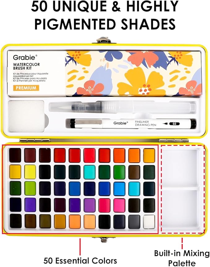 Grabie 100 Colors Premium All-In-One Watercolor Paint Set - 50 Essential, 35 Metallic, 10 Pastels, 5 Neon Hues - Portable Case, Brush Pens, Paper Pad, Waterproof Fineliner Pen, Beginner & Professional