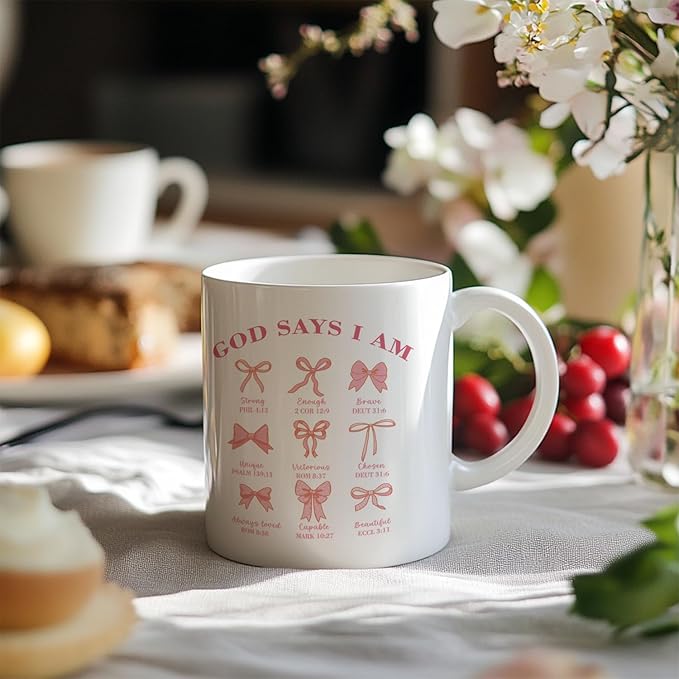 Christian Pink Bows Coffee Mugs, God Says I Am, Coquette Bible Ceramic Coffee Mug, Christian Gifts for Women, Positive Affirmantions Coffee Cup, 11oz Ceramic Cup White
