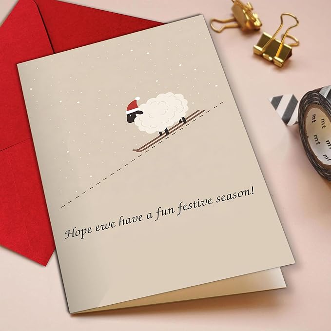 (5.3x8in) Hope Ewe Have a Fun Festive Season Card with Envelope, Cute Sheep Christmas Pun Design, Funny Holiday Greeting for Friends, Family, Coworkers, and Animal Lovers (Xmas 32)