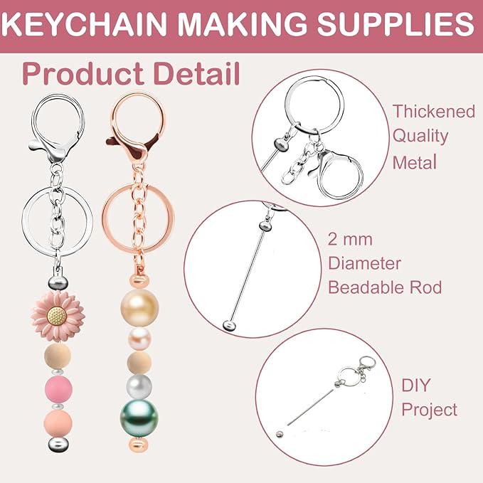 Eikovia 20 Pcs Keychain Making Kit,DIY Beadable Keychains Bulk Kit,Keychain Making Supplies for Crafts, Jewelry, Charms, DIY Projects, Blank Chain Beaded Keychains Design for Women Man,Silver