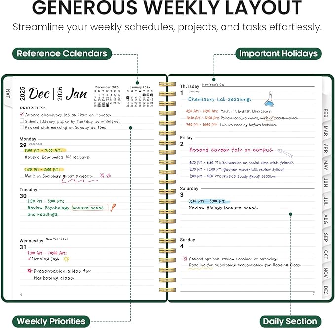 2026 Planner, Monthly and Weekly Calendar Planner for Women, Jan 2026 - Dec 2026, Hardcover Pretty 2026 Agenda Planner Book with Tabs, Spiral Bound, Perfect for School Office Home Supplies, 6.3" x 8.5" - Dark Green