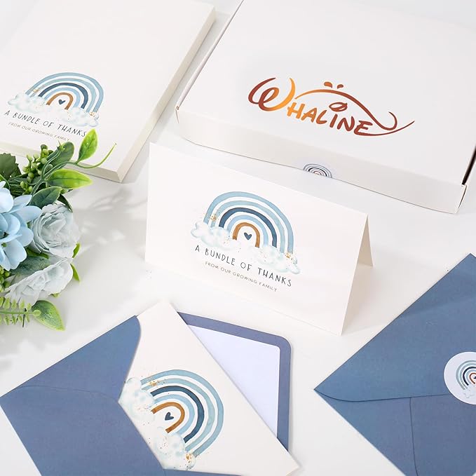 Whaline 50 Pack Blue Rainbow Thank You Cards Boxed A Bundle of Thanks from the Growing Family Note Cards with Envelope Sticker Greeting Blank Card for Birthday Baby Shower