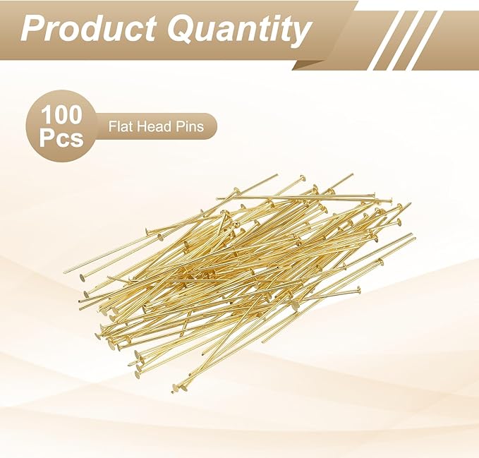 HARFINGTON 100pcs Flat Head Pins 1.57" 40mm Needles Bulk for Earring Pendant Necklace Bracelet Charm Jewelry Making Findings DIY Craft, 18K Gold