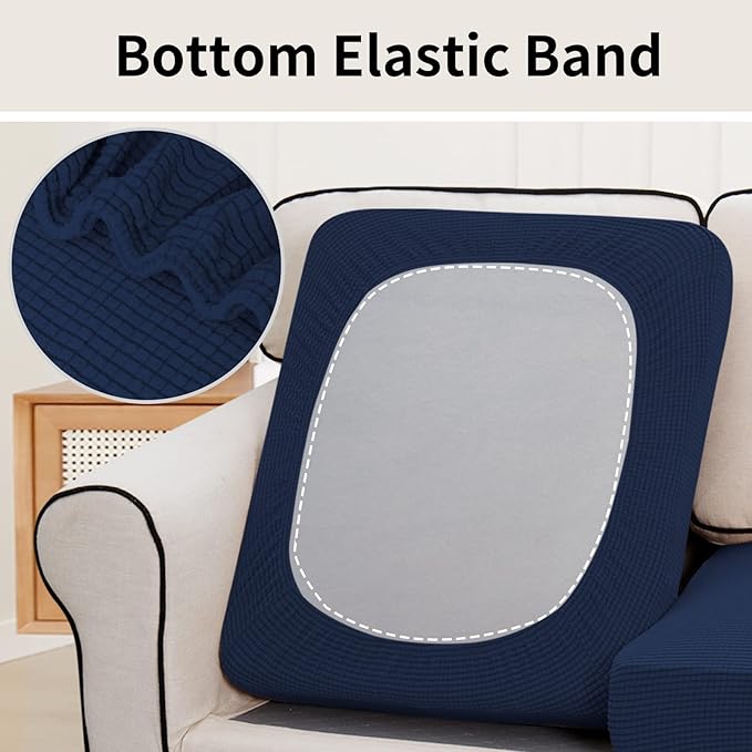Easy-Going Stretch Individual Chair Couch Cushion Cover Sofa Cushion Furniture Protector Sofa slipcover Soft Flexibility with Elastic Bottom (3-Piece Sofa Cushion Cover, Navy)