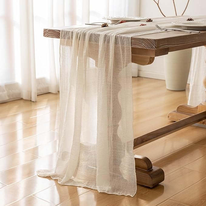 Keketoarrange 10pcs Ivory Gauze Rustic Cheesecloth Table Runner 120 Inch 10 FT for Wedding Baby Shower Bridal Shower Birthday Engagement Garden Outdoor Party Long Sheer Boho Decorations