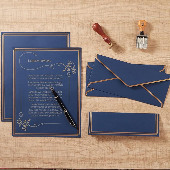 50 Pack Stationery Set with Gold Border, #10 Business Envelopes and 8.5x11 Paper Sheets and Stickers for Writing Letters (Navy Blue, 8.5x11 Inches)
