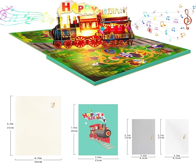 GREETING ART Train Musical Birthday Cards, Happy Birthday Train Card, 3D Pop Up Birthday Card, Light and Music Happy Birthday Card for Women, Men
