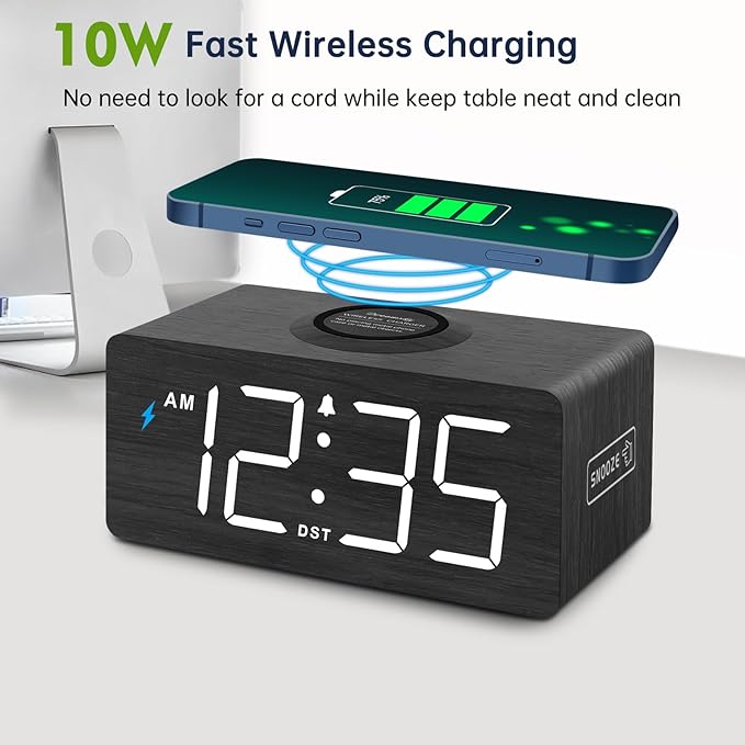 DreamSky Wooden Digital Alarm Clock with Wireless Charging for Bedroom, Bedside Nightstand Clock with Charger Station, USB Port, Large Numbers, Adjustable Volume, Brightness Dimmer, DST